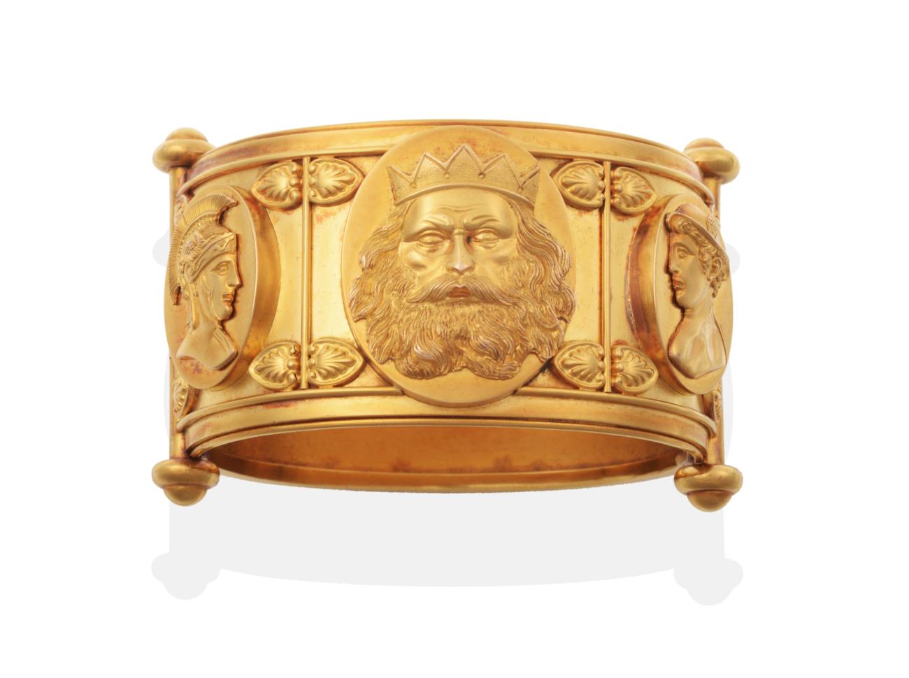 A Victorian Bangle, with applied panels depicting the busts of Jupiter, Mars and Mercury, measures