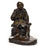 A Japanese Bronze Figure of a Seated Man, Meiji period, holding implements on a shaped oval base,