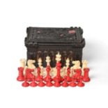 A Jaques Natural and Red Stained Ivory Staunton Chess Set, 19th century, the white King signed