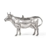 An Oversized German Silver Cow Creamer, maker's mark untraced, '800' standard, the hinged cover to