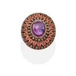 A Large Amethyst, Ruby and Diamond Cluster Ring, an oval cabochon amethyst within a domed cluster of