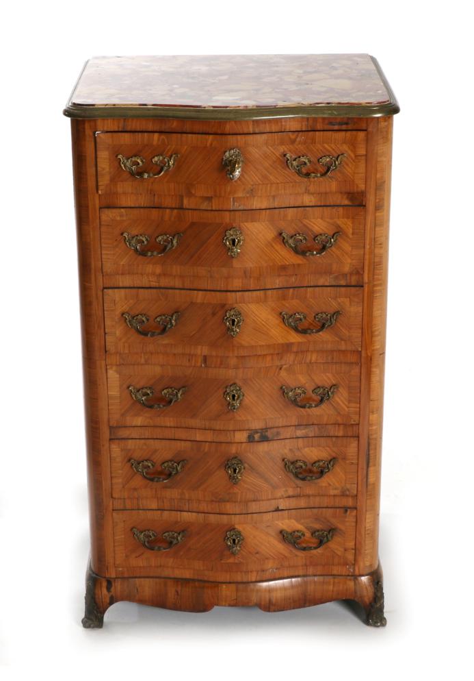 A French Rosewood and Tulipwood Six Drawer Serpentine Front Chest, late 19th century, the pink