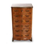 A French Rosewood and Tulipwood Six Drawer Serpentine Front Chest, late 19th century, the pink