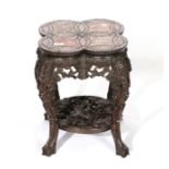 A Chinese Padouk Wood, Pink Marble and Mother-of-Pearl Inlaid Plant Stand, late 19th/early 20th