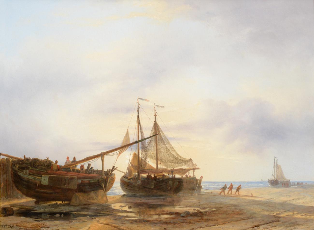 Johan Hendrik Meyer (1809-1866) Dutch Drying Nets, Evening on the Coast of Holland Signed and