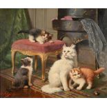 Léon Charles Huber (1858-1928) French Mischief - Cats at play in an interior Signed, oil on