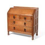 Mouseman: A Robert Thompson Bespoke Panelled English Oak Bureau, made by Ken Smith, with raised