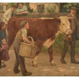 William Gunning King (1853-1940) Hereford prize bull and figures in a village setting Signed, oil on