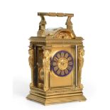 A Brass Striking and Repeating Carriage Clock, stamped for Brunelot, circa 1880, carrying handle and