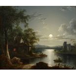 Sebastian Pether (1790-1844) Boating before a cottage on a lake by moonlight Oil on canvas, 28.5cm