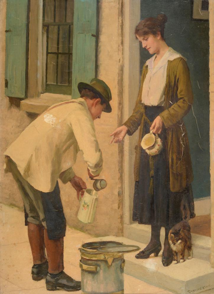 William Gunning King (1853-1940) Milk delivery Signed, numbered 338 on backing board, oil on canvas,