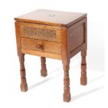 Mouseman: A Robert Thompson English Oak Sewing Work Box, with a rectangular hinged top, carved E.K