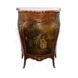 A French Mahogany Vernis Martin Style Bombé Shape Commode, late 19th century, with serpentine shaped