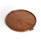 Mouseman: A Robert Thompson English Oak Circular Tea Tray, with raised edge and two carved mice