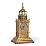 An Early Tabernacle Form Gilt Brass Striking Table Clock, case possibly German, mid-17th Century,