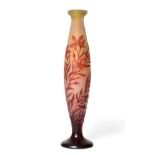 An Emile Gallé Cameo Vase, tall slender form, acid etched with leaves and flowers, in tones of burnt