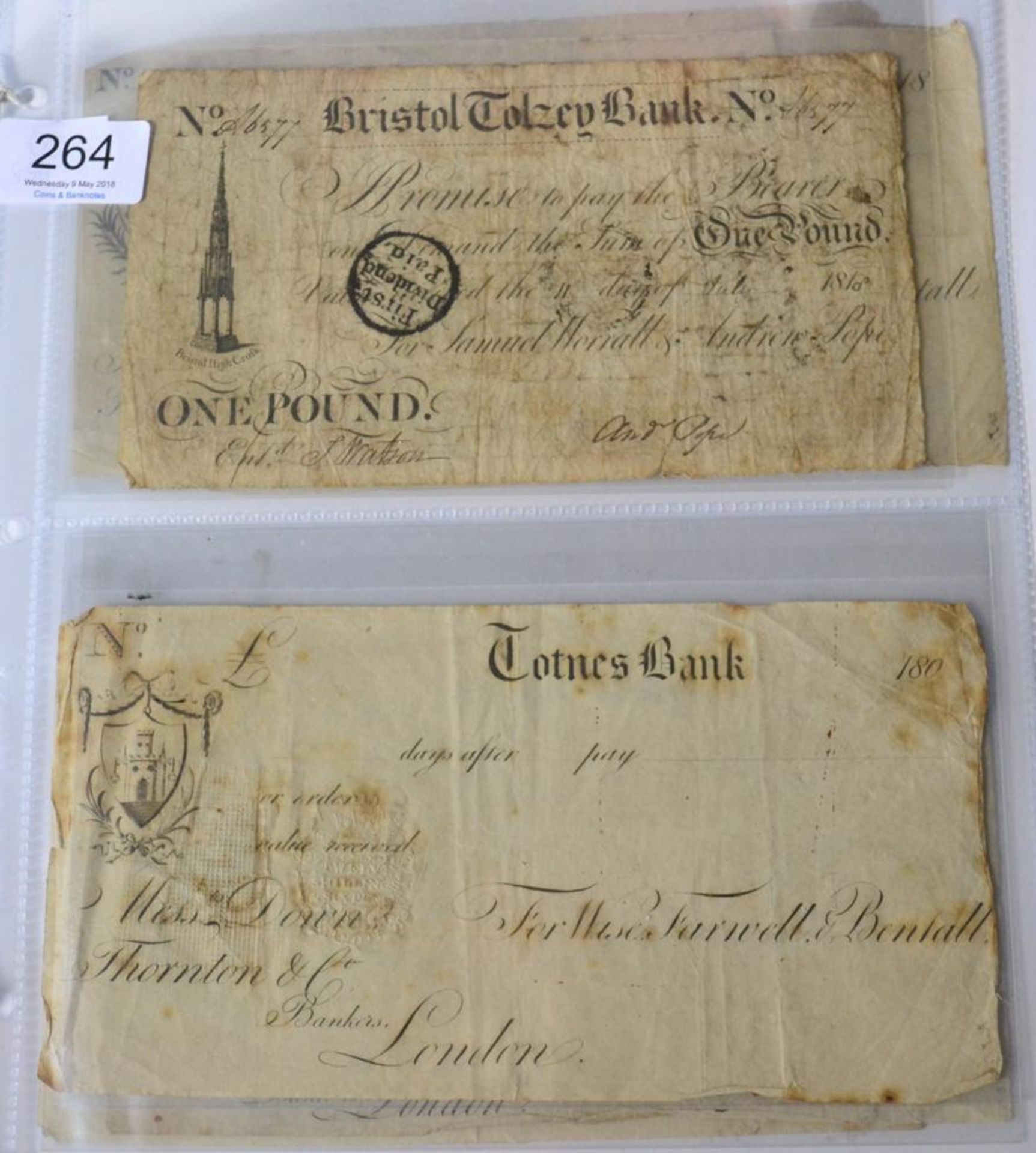 6 X Provincial Banknotes comprising: Bristol Tolzey Bank One Pound 1818 for Samuel Worrall &
