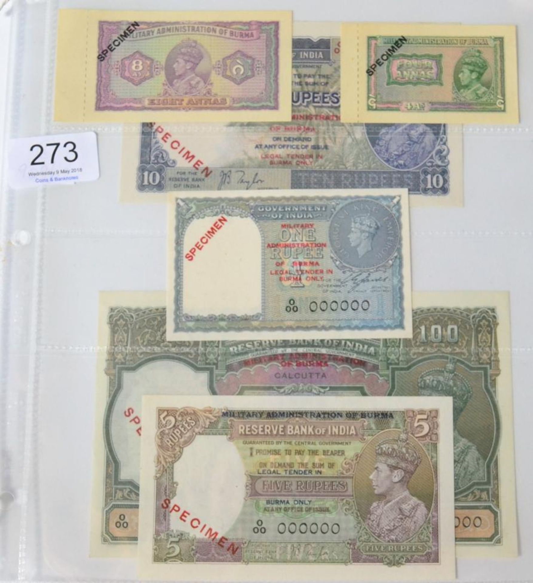 Burma, a Set of 6 x Specimen Banknotes comprising: 2 x provisional issue notes (1943) 4 annas & 8