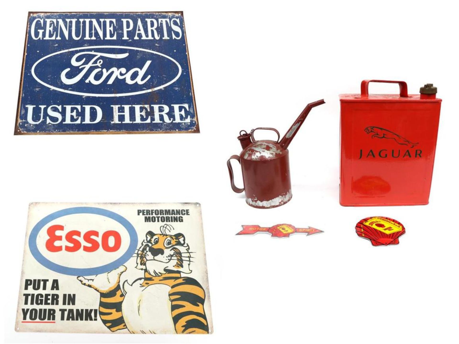 A Red Painted Jaguar Petrol Tin, with carrying handle and brass screw cap (repainted), 30cm high;