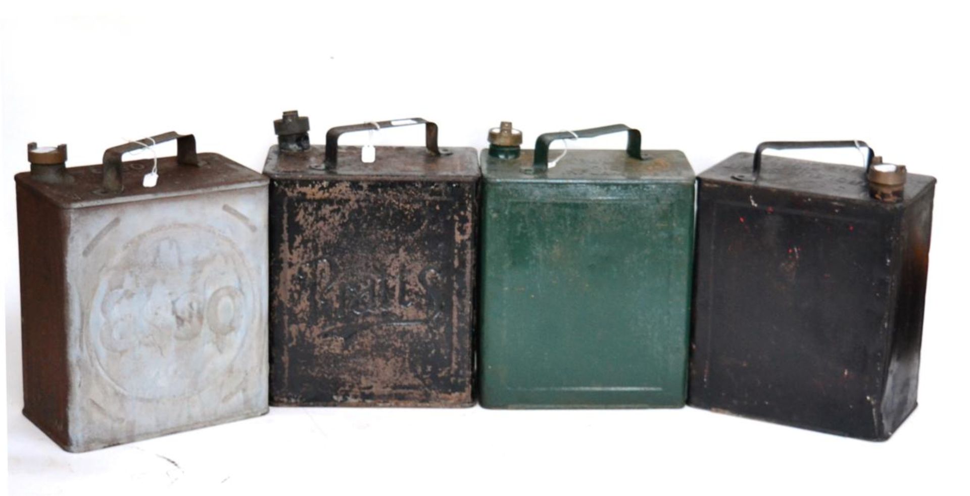 Four Vintage Two Gallon Petrol Cans, comprising red painted Shell, blue painted Pratts, green