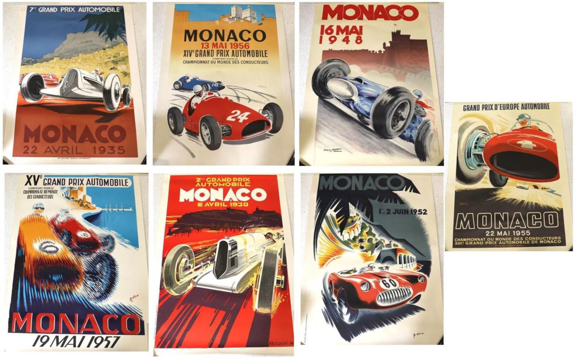 Eight 1980s Colour Racing Posters, for Monaco 1930, 1935, 1948, 1952, 1955, 1956 and two different