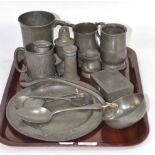 A collection of pewter, vessels and cutlery of varying dates