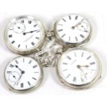 Three silver open faced pocket watches, lever movements signed John James, Leeds, M.Kleiser & Co,