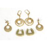 Three pairs of 9 carat gold earrings, comprising a pair of hammered disk earrings, a pair of multi-