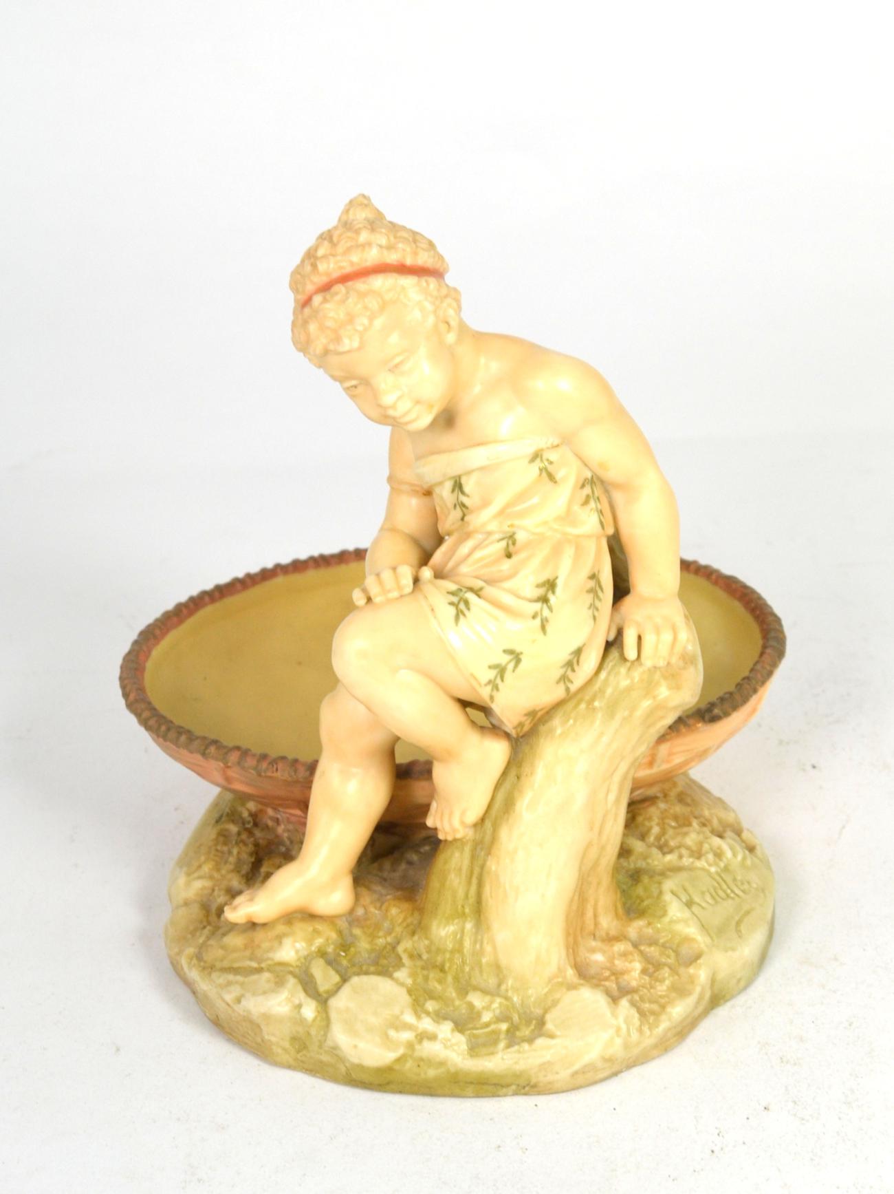 A Royal Worcester figural dish by James Hadley, shape number 1247, with impressed signature and date - Image 2 of 5