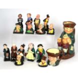 Nine Royal Doulton figures: Charles Dickens HN3448, Tiny Tim, Stiggins, Scrooge, Trotty Veck,