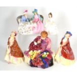 Five Royal Doulton ladies: Amanda HN 3635, The Paisley Shawl HN 1392, Afternoon Tea HN 1747,