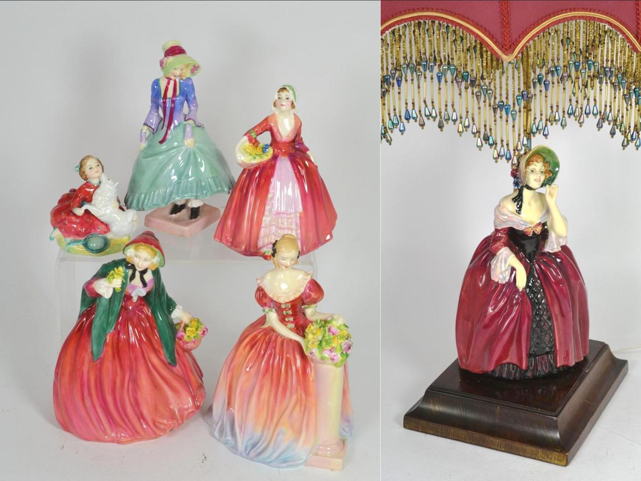 Six Royal Doulton ladies: Pantalettes HN 1362, Lady Charmain HN 1949, Roseanna HN 1926, Janet HN