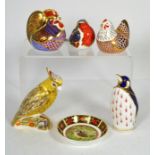 Five Royal Crown Derby Imari paperweights, Farmyard Cockerel (silver stopper), Farmyard Hen (gold