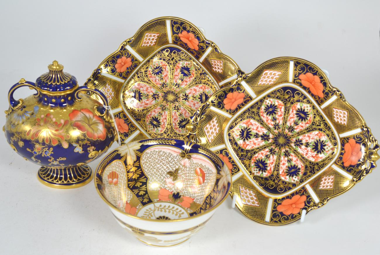 A pair of Royal Crown Derby Imari lozenge form dishes pattern 1128, 23cms, a similar bowl pattern