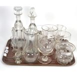 Pair of 19th century glass decanters and stoppers, etched beaker, three glass rummers, cut glass