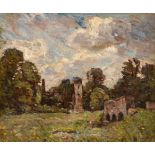 Frederick (Fred) Mayor IS (1865-1916) Buildings in a landscape Oil on canvas, 36.5cm by 42.5cm