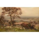 Owen Bowen ROI, PRCamA (1873-1967) Sheep in an Autumnal landscape Signed, oil on canvas, 28.5cm by