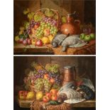 Charles Thomas Bale (1855-1925) Still life of pigeons, an earthenware flagon and a basket of fruit