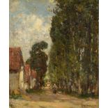 Frederick William Jackson (1859-1918) Figure on a wooded pathway beside cottages Signed, oil on