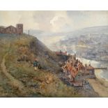 Albert George Stevens (1863-1925) ''The Haven Under the Hill'' - Figures approaching Whitby castle