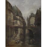 Follower of Henri Schafer (1854-1915) Continental town scene with figures boating and women