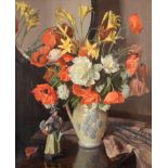Sherlock T Evans (20th Century) Still life of poppies, peonies and yellow lilies in a glazed jug