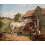 Attributed to James William Cole (fl.1849-1882) Farm boy at rest beside horses and stables