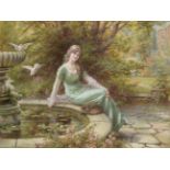 Eva Hollyer (1865-1948) Young beauty seated at a country house fountain Signed, oil on canvas, 51.