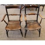 A Pair of 19th Century Fruitwood and Elm Provincial Armchairs, with curved top rails and spindle