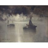 Van Hier (19th/20th century) Fishing boats in calm waters by moonlight Signed, oil on canvas, 34.5cm