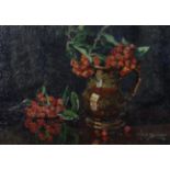 Owen Bowen ROI, PRCamA (1873-1967) Still life of berries and jug Signed, oil on canvas board, 24cm