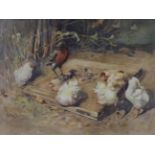 Nellie Harvey (ex.1890-1938) Scottish Chicks and a bird outside a farm building Signed, watercolour,