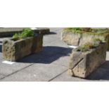 A Pair of Stone Garden Troughs, of narrow rectangular form, 96cm by 28cm by 39cm