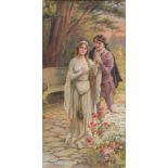 Eva Hollyer (1865-1948) Medieval maiden and squire Signed, oil on canvas, 59.5cm by 29cm